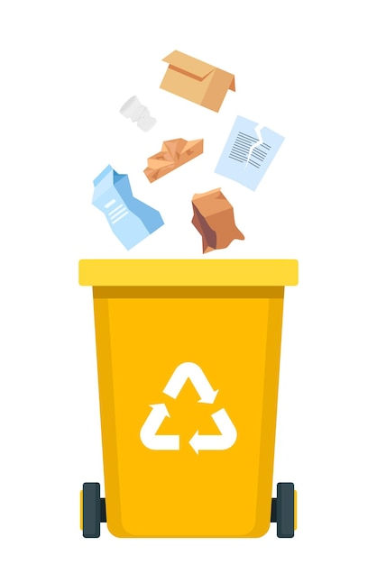 garbage sorting set yellow bin with recycling symbol for paper waste