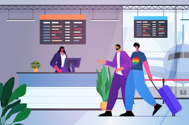 Gay passengers standing to airport counter for check in lgbt transgender love concept