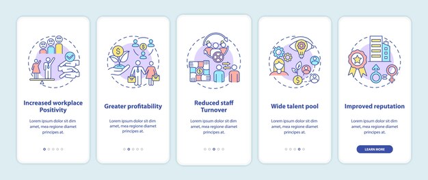 Gender diversity policy benefits onboarding mobile app page screen with concepts