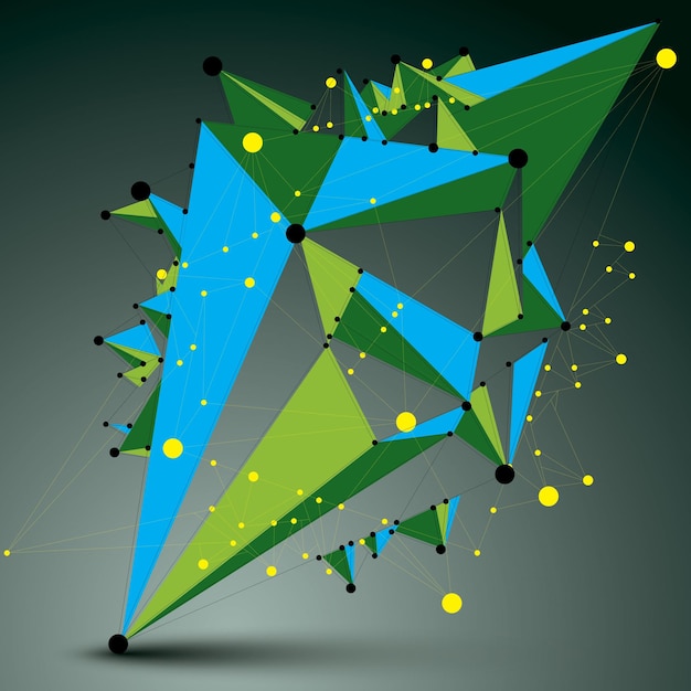 Geometric abstract 3D complicated lattice object, vector colorful asymmetric element with wireframe structure and connected yellow lines.