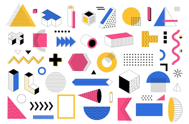 Geometric element Memphis abstract shapes Modern geometry Colorful polygon figures Cross and arrows