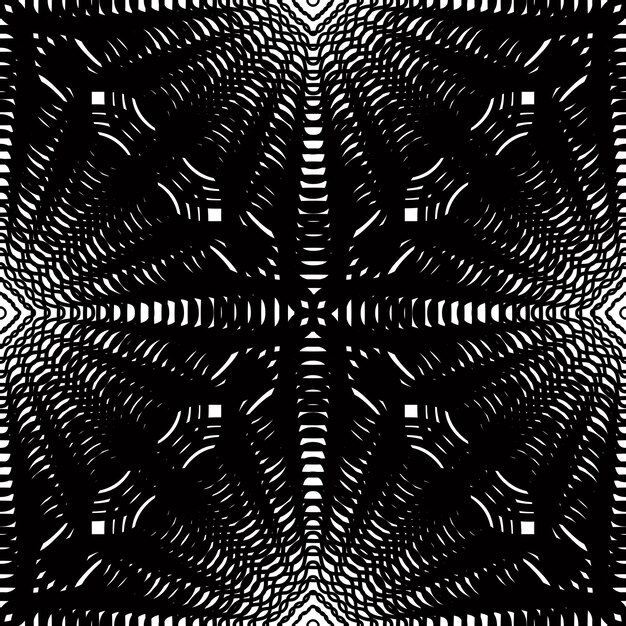 Geometric monochrome stripy overlay seamless pattern, black and white vector abstract background. Graphic symmetric kaleidoscope backdrop.