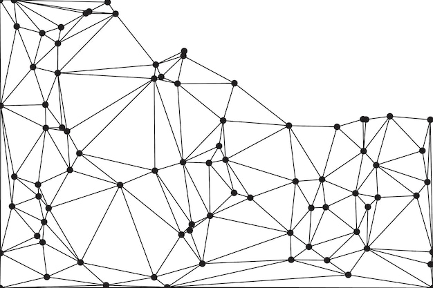 Geometric network pattern with black nodes and connecting lines on a white background representing modern digital communication and technology in an abstract design