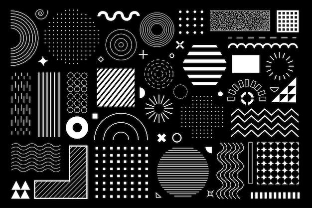 Geometric shapes mega set elements in flat graphic design Bundle objects of circles squares triangles hexagons with halftone dots and lines pattern waves and curve lines Vector illustration