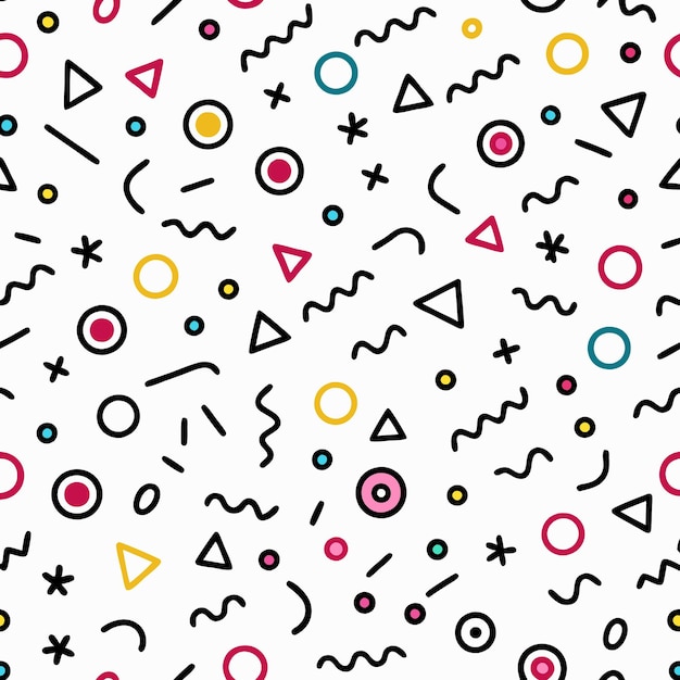 Geometric Shapes Pattern with Colorful Circles and Squiggles on White Background