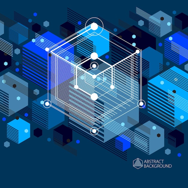 geometric technology vector dark blue drawing, 3d technical wallpaper. illustration of engineering system, abstract technological backdrop. abstract technical background.
