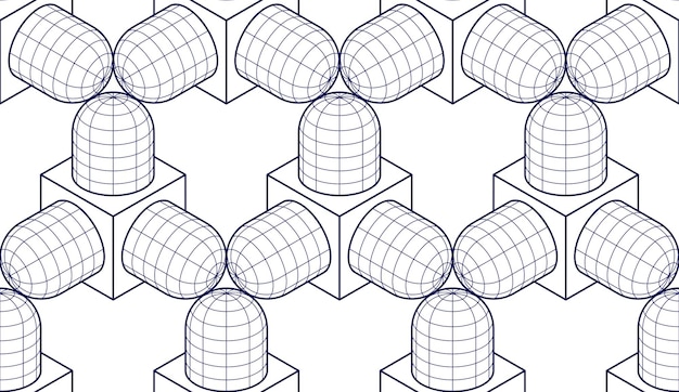 Geometriset 3D-viivat abstrakti saumaton kuvio, vektoritausta. Teknologiatyylinen tekninen piirustus loputon kuvitus. Yksivärinen, mustavalkoinen.