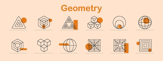 Geometry set icon Triangle cube sphere circle square shape design pattern 3D abstract math geometry structure form vector illustration art