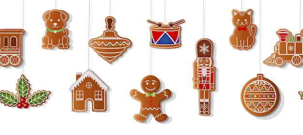 gingerbread cookies hanging on a string with a gingerbread man on the top