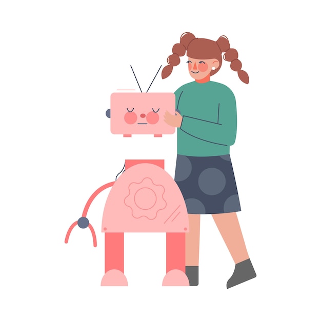 girl assembling robot schoolgirl working on educational project cartoon style vector illustration