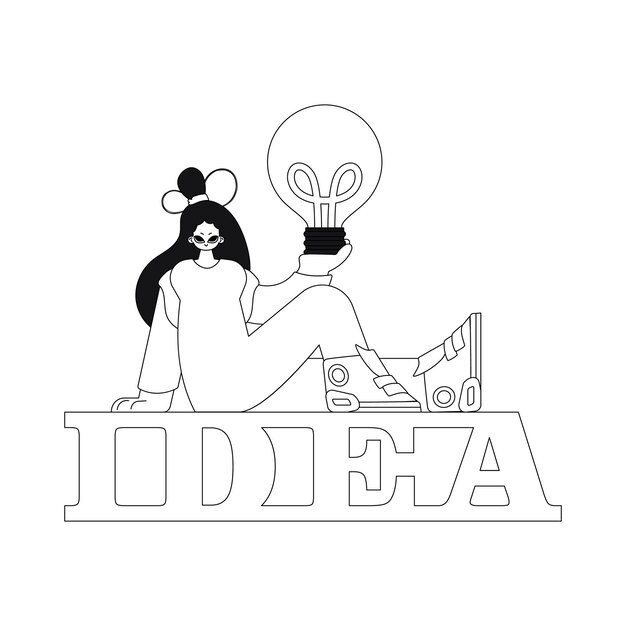 Girl holds a lightbulb demonstrating the concept of ideas in a linear vector illustration.