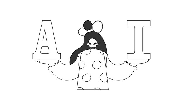 Girl holds AI letters theme of vector linear artificial intelligence