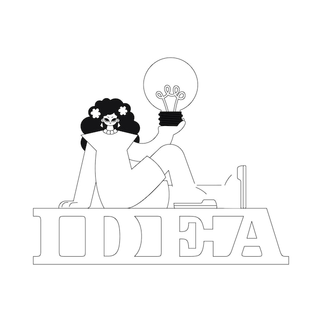 Girl holds light bulb, concept of ideaslinear style vector illustration.