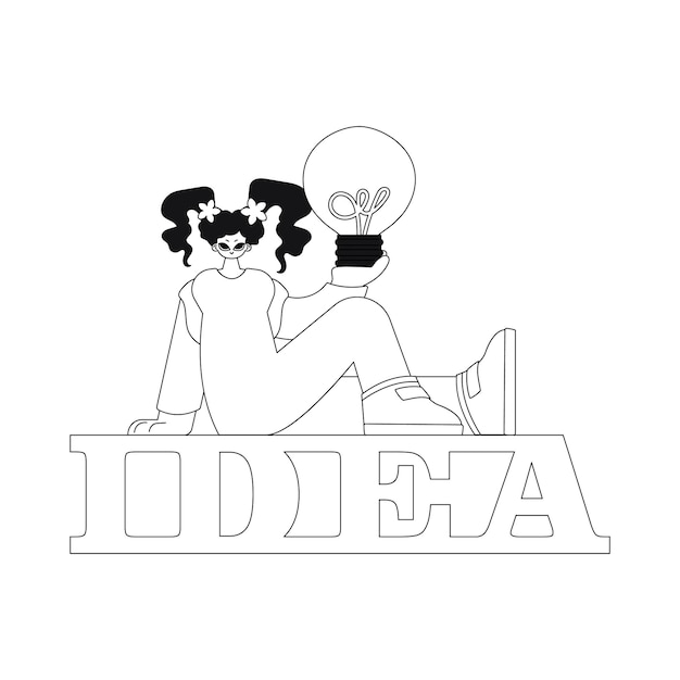 Girl holds light bulb showing concept of bright ideas, linear style vector illustration.