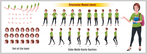 girl student character model sheet with walk cycle animations and lip syncing