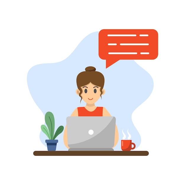 Girl with laptop icon in flat style Woman freelance working vector illustration on isolated background Student workplace sign business concept