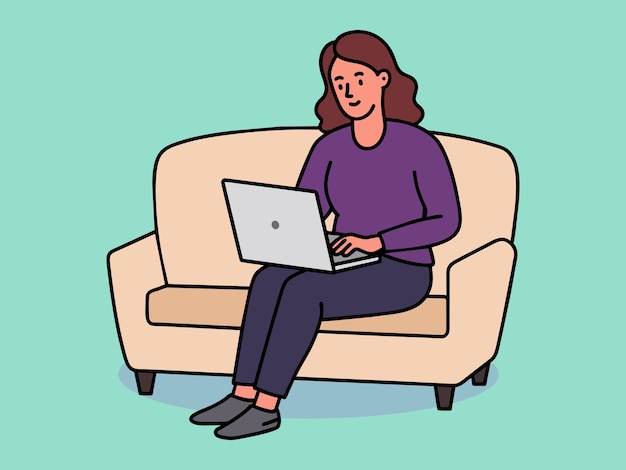 girl with laptop sitting on the sofa Freelance or studying concept Cute illustration in flat style