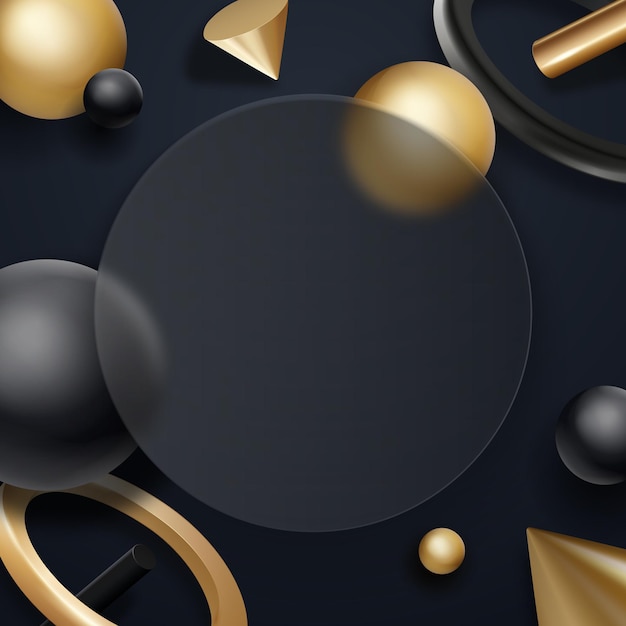 glass effect circle with flowing realistic geometry elements on dark background