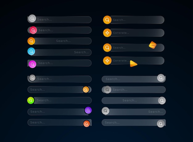Glassmorphism search and generate bar UI elements with glowing colorful buttons and transparent fields for modern web or app interface design