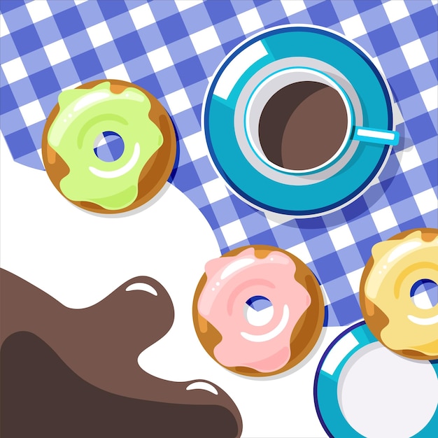 glazed donates, cup of coffee and chocolate splash set