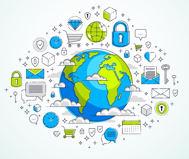 global communication concept, planet earth with different icons set, big data, internet activity, global network connection, vector, elements can be used separately.