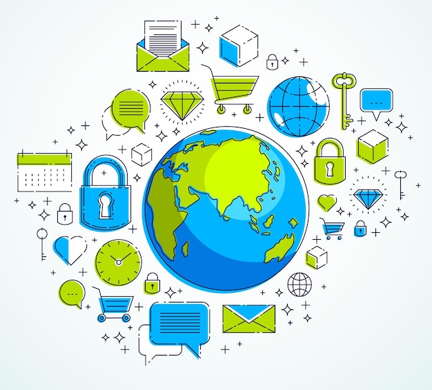Global communication concept, planet earth with different icons set, internet activity, big data, global network connection, vector, elements can be used separately.