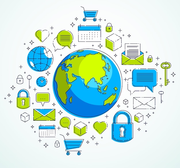 Global communication concept, planet earth with different icons set, internet activity, big data, global network connection, vector, elements can be used separately.