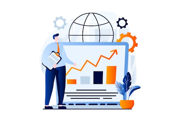 Global economic concept with people scene in flat cartoon design Businessman analyzes statistics and develops business strategy with access to global market Vector illustration visual story for web