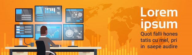 Global Online Trading Concept Man Working With Stock Exchange Monitoring Sales Over World Map Horizo
