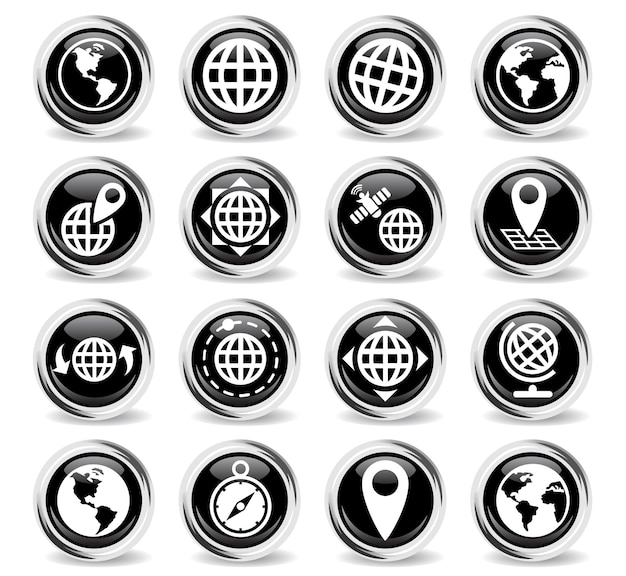 Globes icons on round black buttons with metal ring