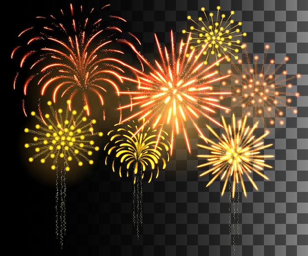 Glowing collection. Golden firework, light effects isolated on transparent background.