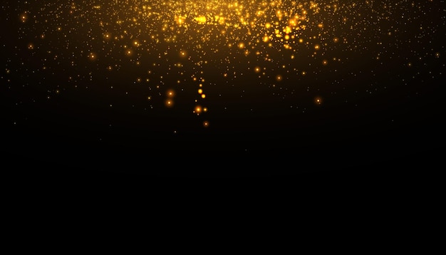 Glowing light effect in yellow gold color with lots of shiny particles isolated on dark background
