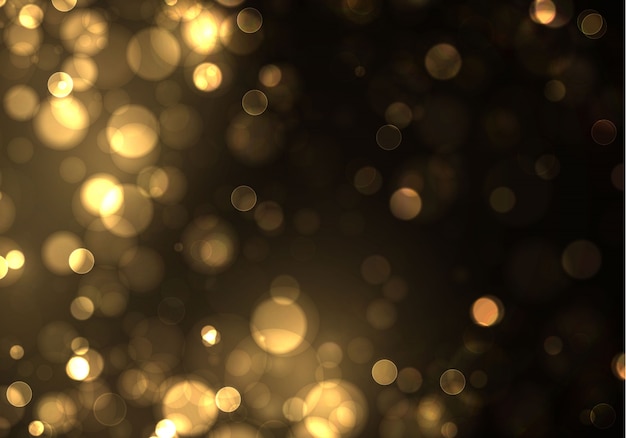 Gold bokeh Blurred light on black background. Golden lights  and New Year holidays template. Abstract glitter defocused blinking stars and sparks.