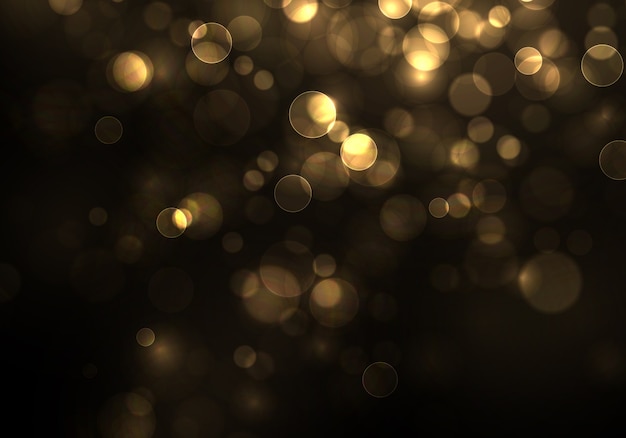 Gold bokeh Blurred light on black background. Golden lights   and New Year holidays template. Abstract glitter defocused blinking stars and sparks.    