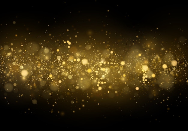 gold bokeh blurred light on black background. golden lights   and new year holidays template. abstract glitter defocused blinking stars and sparks.  