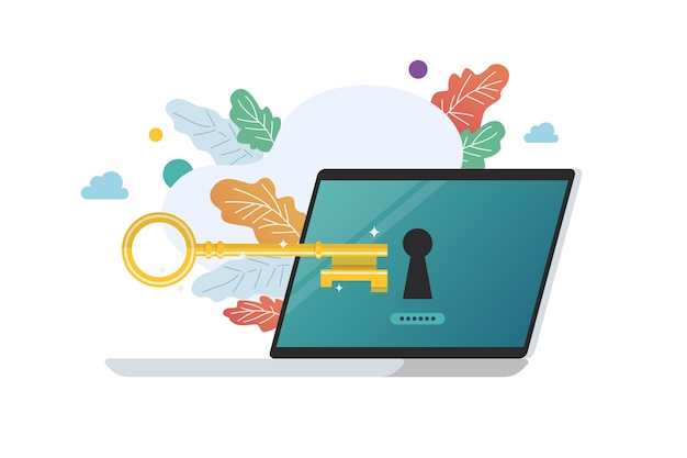 gold key try to unlock laptop ransomware malware virus computer vector illustration