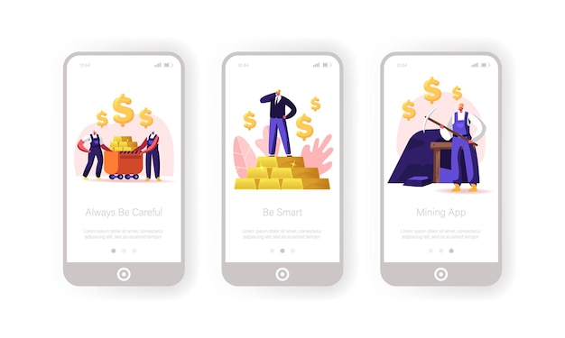 Gold or Coal Mining Mobile App Page Screen Template.