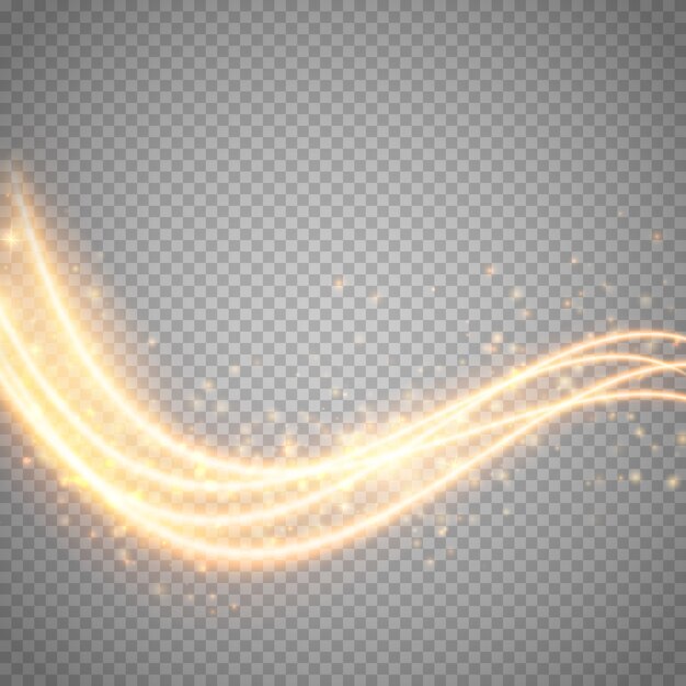 Gold star dust trail sparkling particles isolated on transparent background.