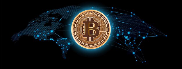 Golden bitcoin cryptocurrency on blue global hologram, futuristic digital money and technology, worldwide network concept, vector illustration.