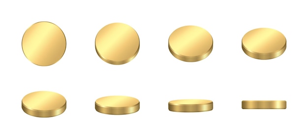 Golden coins set Rotating money collection Realistic coins in angle view Vector illustration
