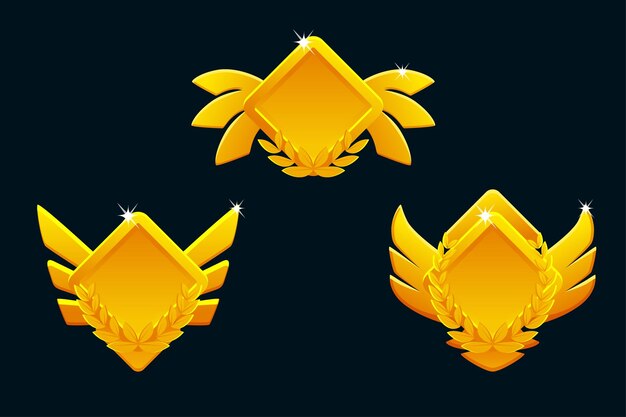 golden game rank icons isolated game badges buttons in circle frame with wings