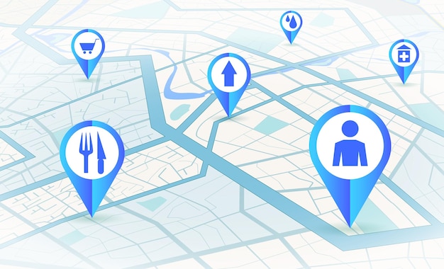 GPS map City street icons Blue road plan Mobile car system Phone app concept White travel signs Navigational symbols Town path scheme Cafe and shop pointer Vector design background