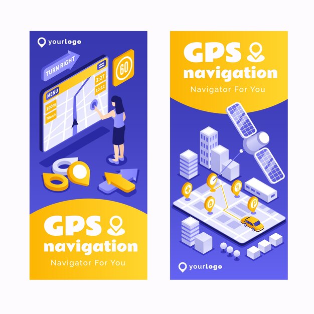 Gps navigation banner set in isometric style