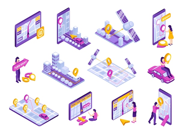 Gps navigation collection in isometric style