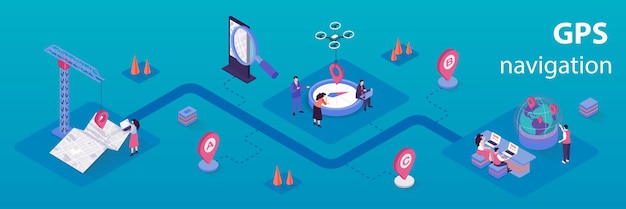 gps navigation concept 3d isometric infographics web banner people use online maps in applications create and track routes with location search vector illustration in isometry graphic design