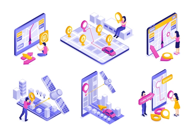 Gps navigation mini composition collection in isometric style