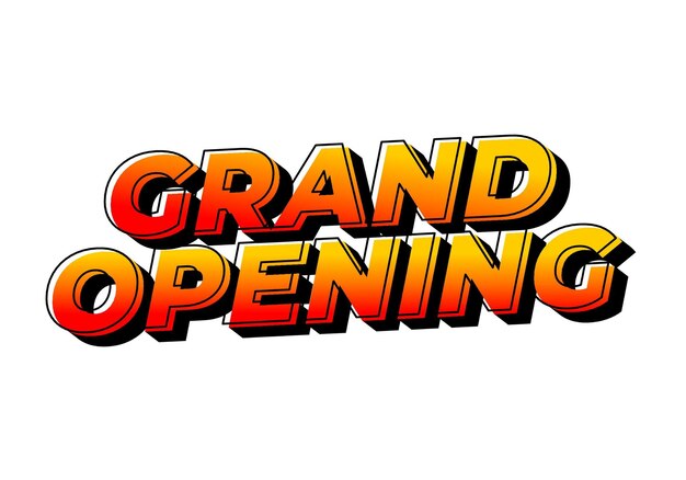 grand opening text effect in yellow red color with 3 dimension effect