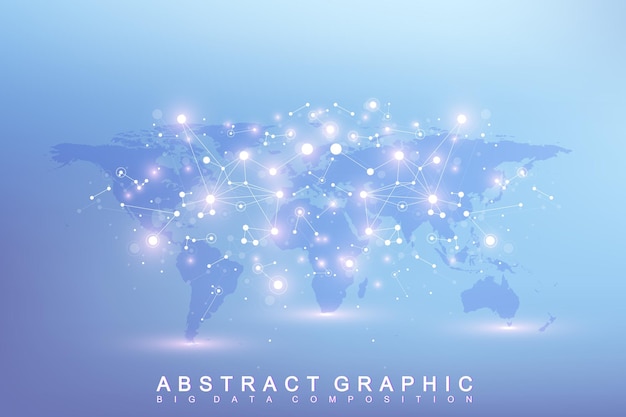 Graphic abstract background communication. Big data complex with compounds. Perspective backdrop with World Map. Minimal array Big data. Digital data visualization. Scientific vector illustration.