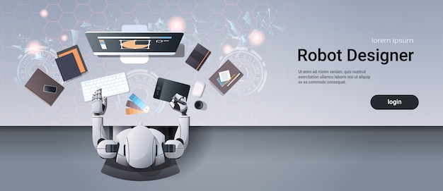 graphic designer robot sitting at creative design workplace web template