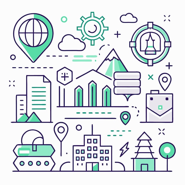Green and purple line icons representing global business location strategy growth and data